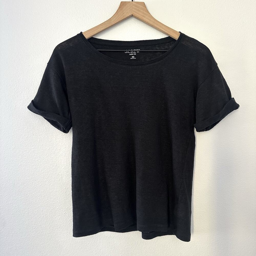 J Crew 100% Linen roll cuff Sleeve T-Shirt Black XS Coastal Granola Minimalist
